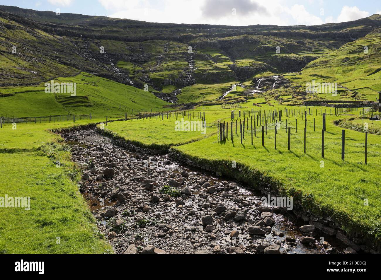 Ruscelli che fluiscono dalla collina vicino a Tjornuvik, Isola di Streymoy, Isole Faroe, Europa Foto Stock