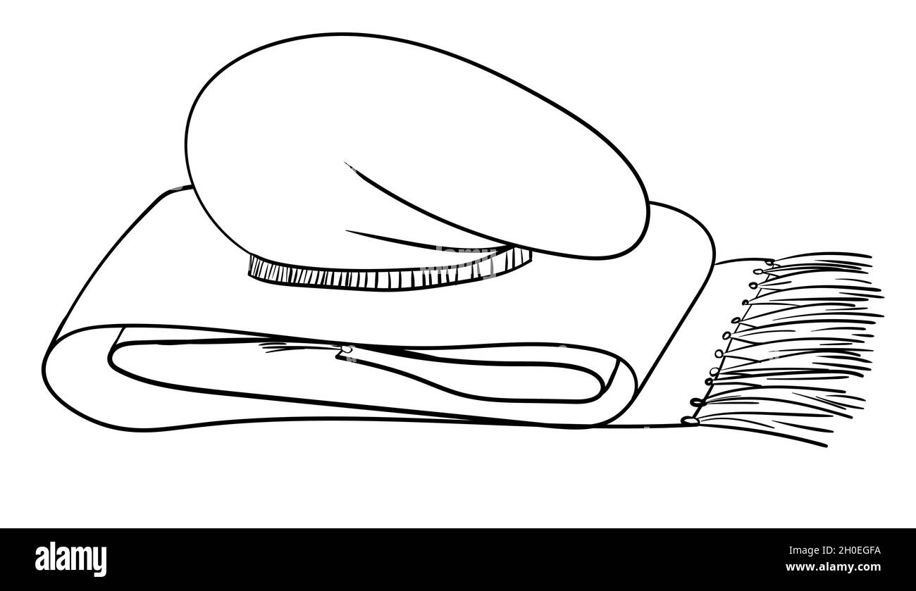 Beret e sciarpa immagine vettoriale monocromatica a contorno nero isolata su sfondo bianco. Illustrazione Vettoriale
