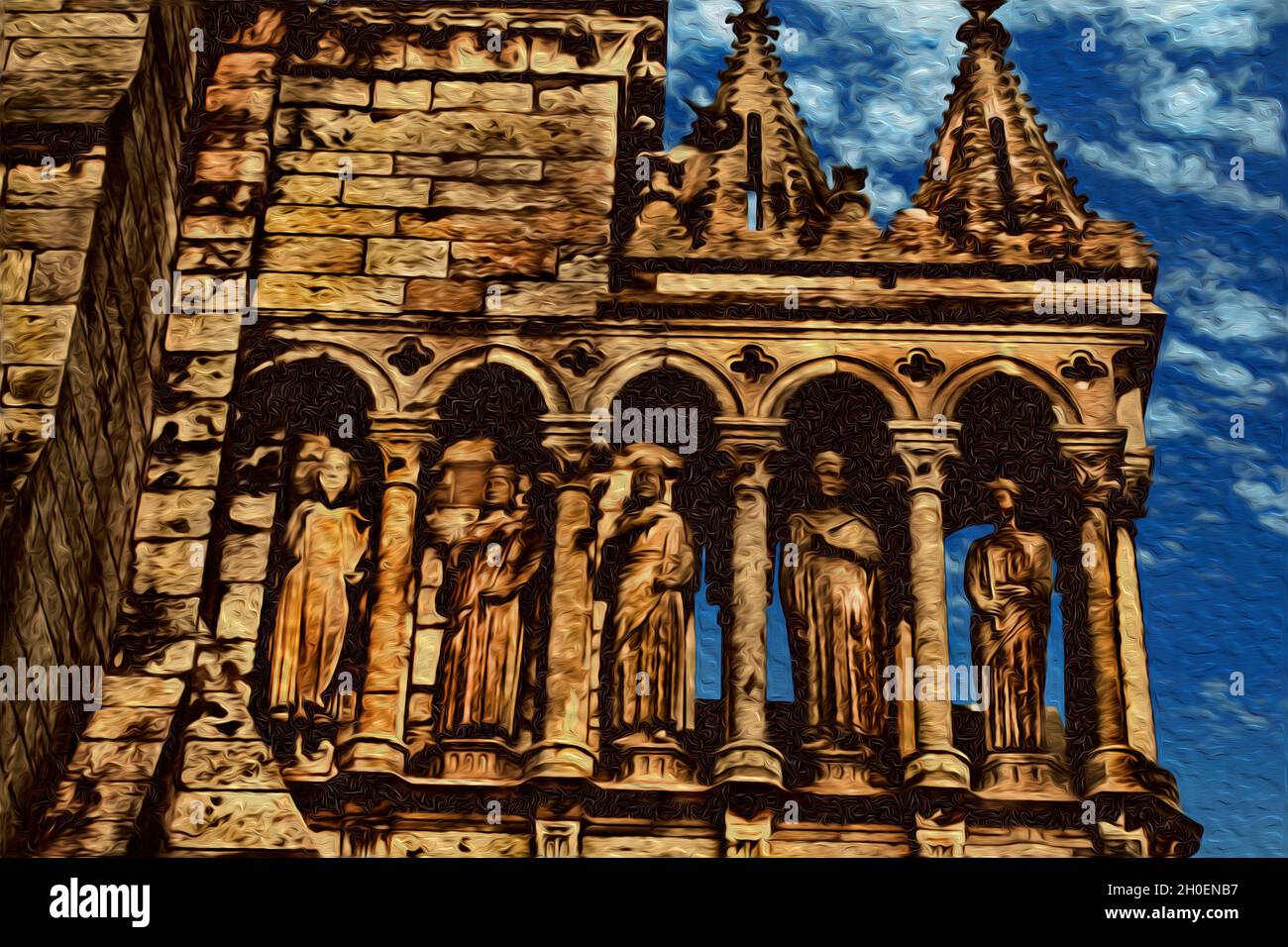 Statue che illustrano temi teologici sul lato esterno della Cattedrale di Chartres. Una chiesa gotica ben conservata in Francia. Filtro di vernice di olio. Foto Stock