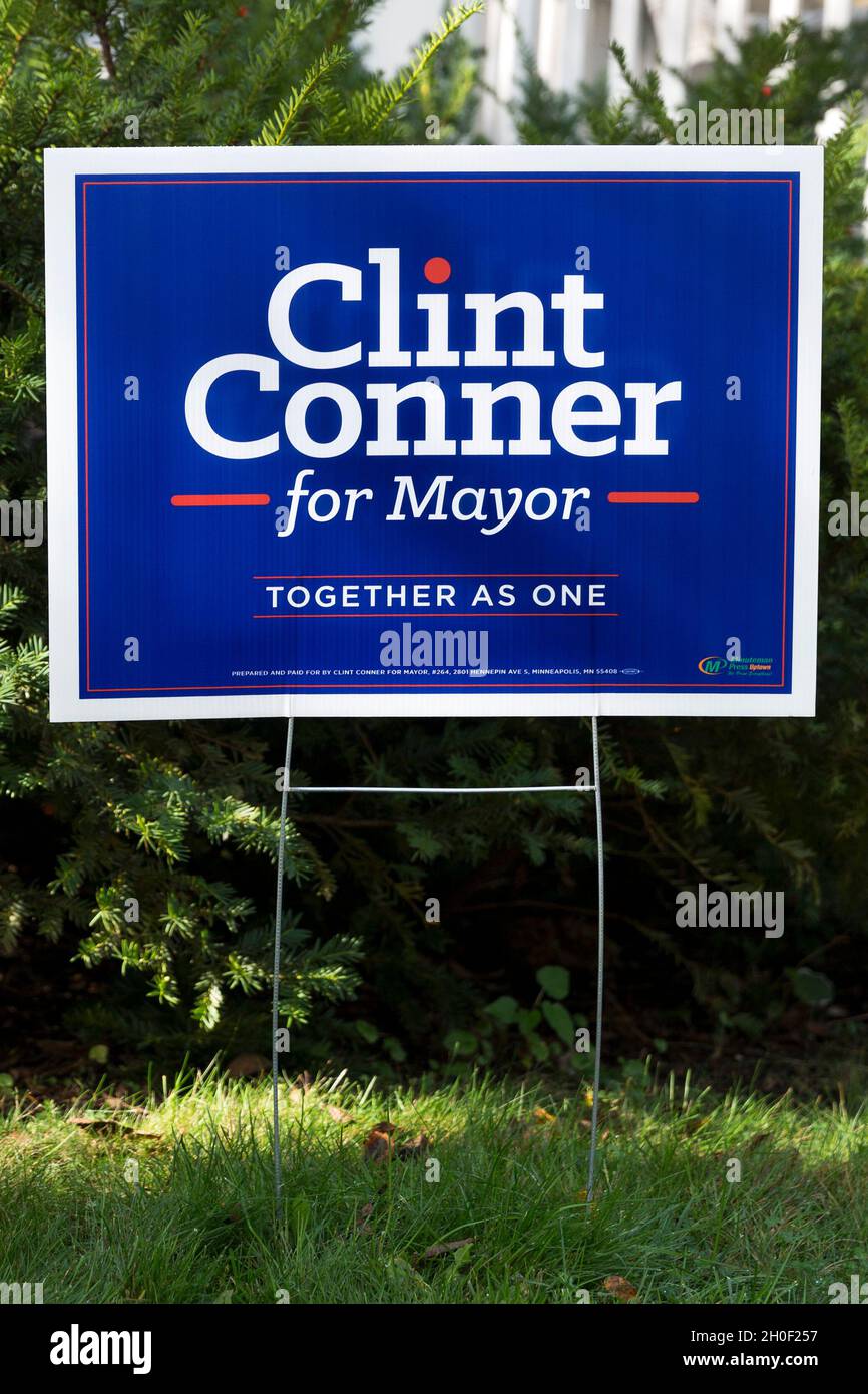 Cartello politico elettorale per Clint Conner per il sindaco di Minneapolis, Minnesota, con lo slogan di insieme come uno Foto Stock