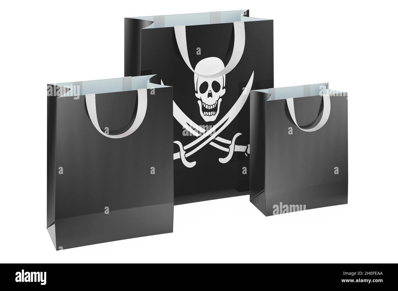 Shopping bag con bandiera pirateria, rendering 3D isolato su sfondo bianco Foto Stock