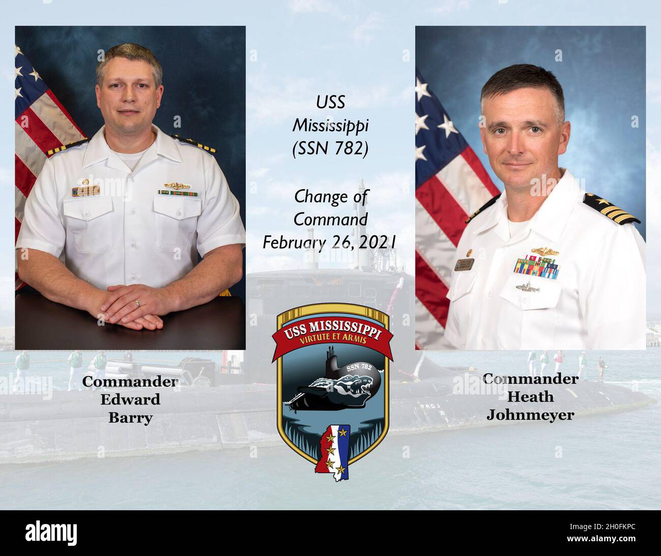 BASE COMUNE PEARL HARBOR-HICKAM (DAL 26, 2021) - il sottomarino ad attacco rapido della classe Virginia USS Mississippi (SSN 782) ha condotto una cerimonia di cambio di comando a Joint base Pearl Harbor-Hickam, febbraio 26. CMdR. Edward Barry, di Cortland, New York, ha sollevato il CMdR. Heath Johnmeyer, di Rolla, Montana, in qualità di comandante del Mississippi durante la cerimonia, che si è tenuta al Parche Memorial sulla base. Foto Stock