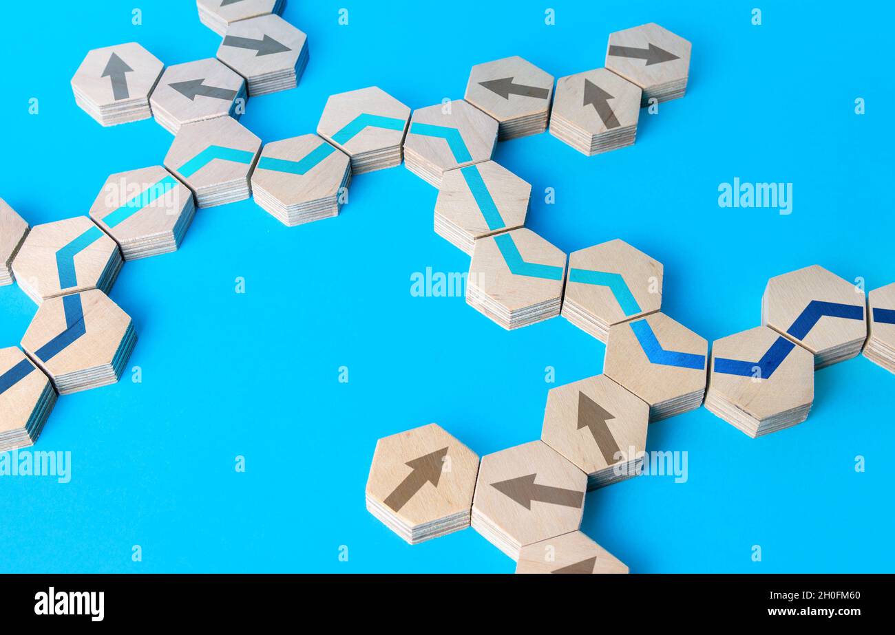 Costruire il percorso giusto. Il concetto di successo dello sviluppo e del progresso. Pianificazione strategica, gestione dei rischi. Analisi, ottimizzazione dei processi. Mai Foto Stock