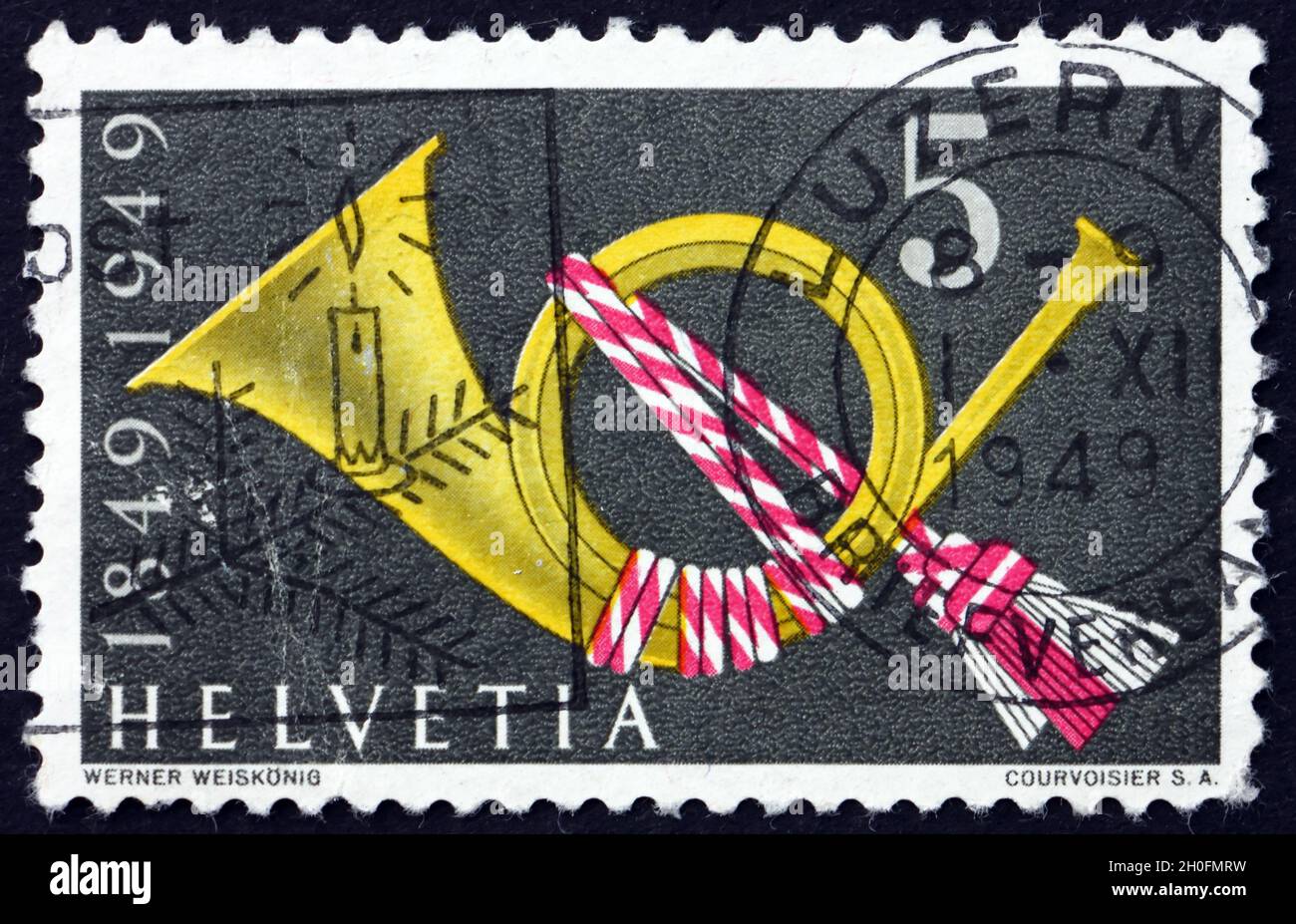 SVIZZERA - CIRCA 1949: Un francobollo stampato in Svizzera mostra Post Horn, Symbol, circa 1949 Foto Stock