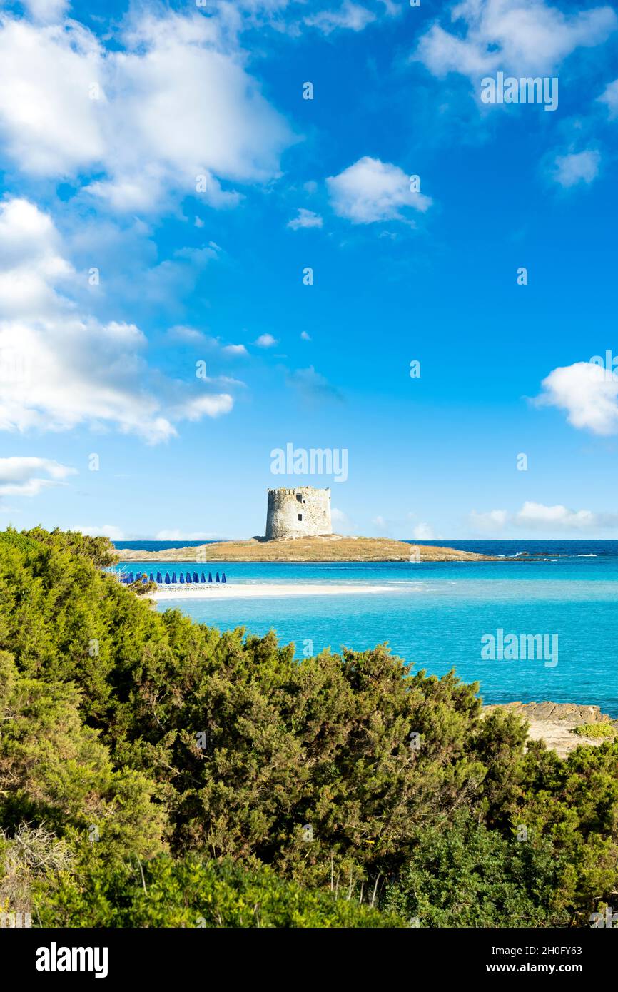 Paesaggio mozzafiato con la Torre Aragonese e la spiaggia di la Pelosa bagnata da una tranquilla acqua turchese. Spiaggia la Pelosa, Stintino, Sardegna nord-occidentale. Foto Stock