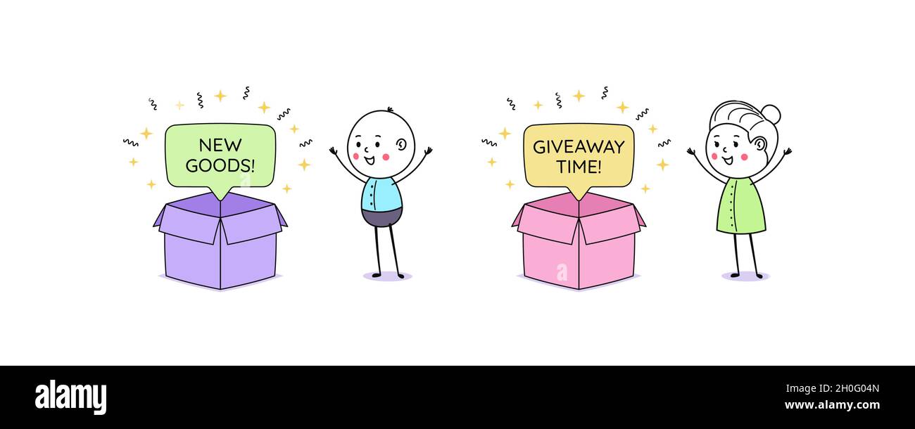 Scatola di apertura con messaggio bolla e testo New Goods and Giveaway Time. Fumetto uomo e donna. Regali festosi, quiz, regali e concorsi Illustrazione Vettoriale