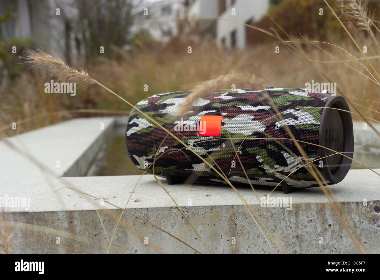 Selezione di un altoparlante wireless portatile con motivo camo Foto Stock