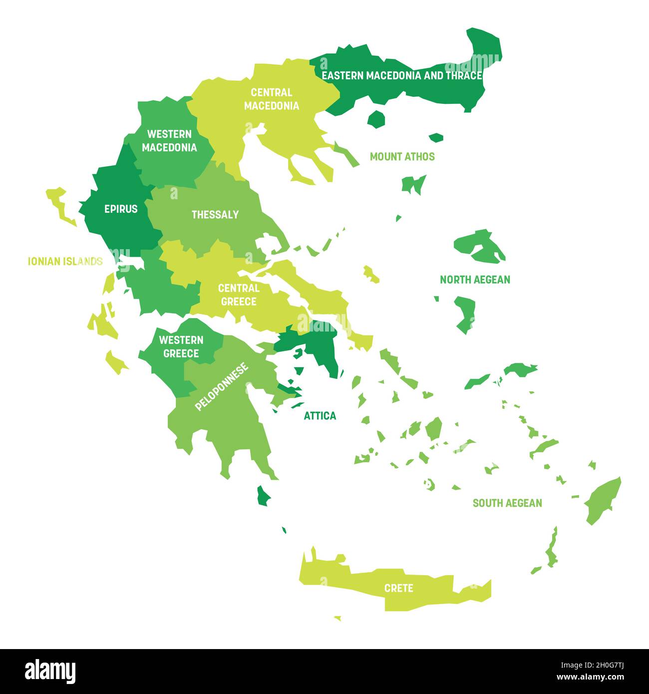 Mappa politica verde della Grecia. Divisioni amministrative - amministrazioni decentrate. Semplice mappa vettoriale piatta con etichette. Illustrazione Vettoriale