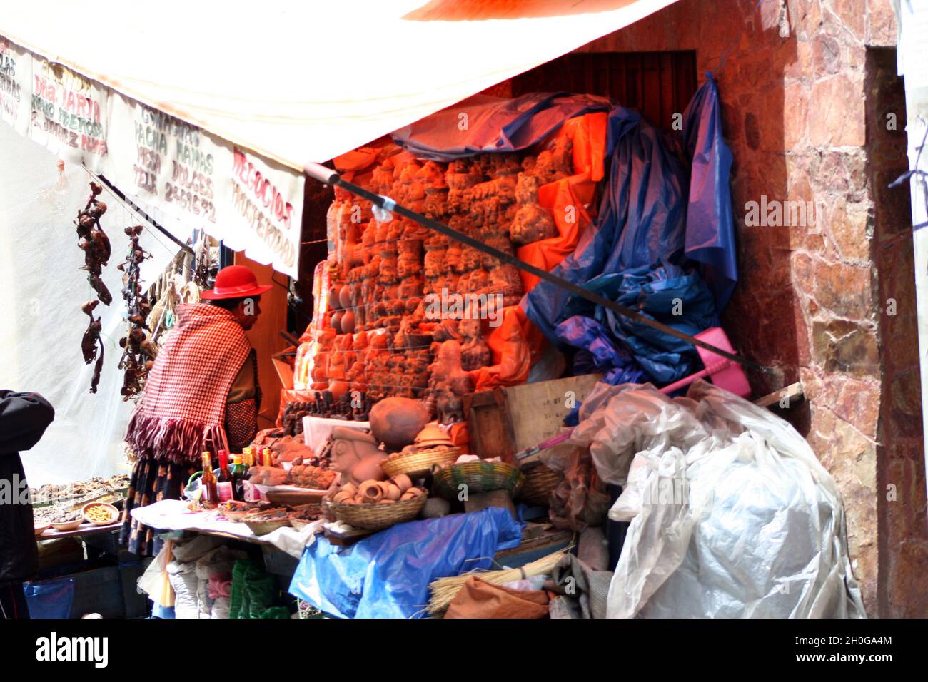 Una donna locale in una bancarella di mercato nel mercato delle streghe, la Paz, Bolivia Foto Stock