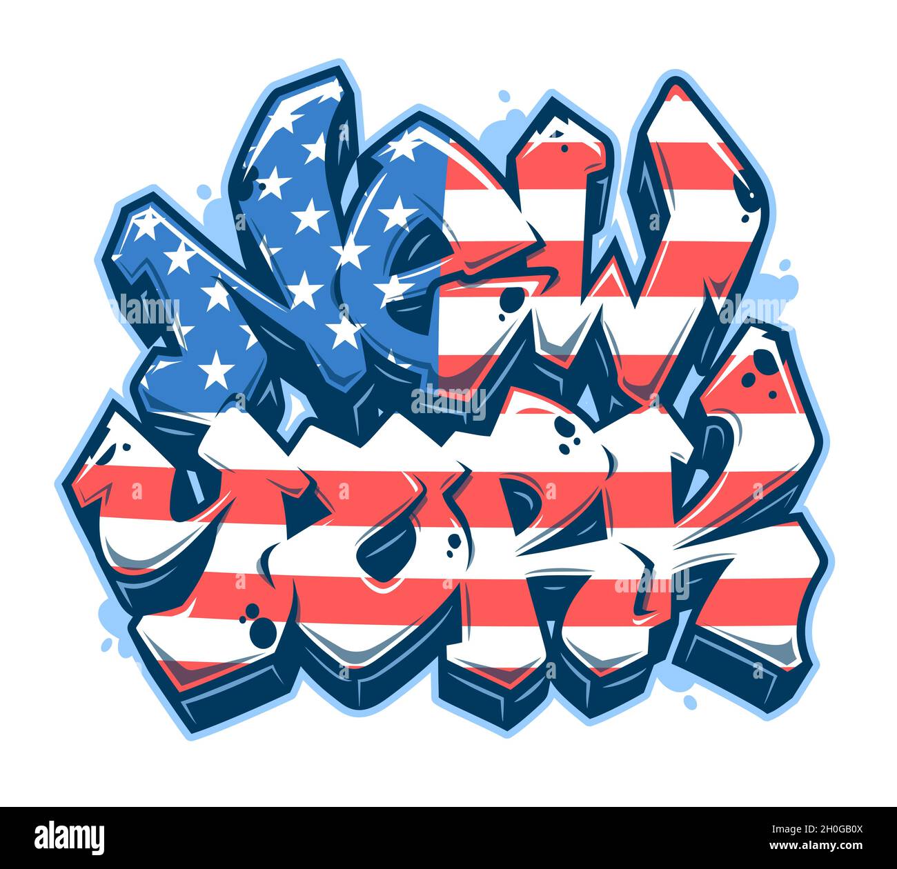 Scritta New York in stile graffiti leggibile con bandiera degli Stati Uniti d'America. Isolato su sfondo bianco. Illustrazione Vettoriale