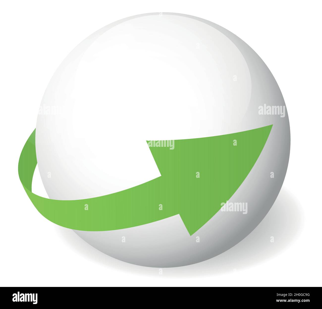 Icona a forma di freccia circolare intorno alla sfera. Simbolo astratto. Semplice segno vettoriale 3D con ombra interrotta. Illustrazione Vettoriale