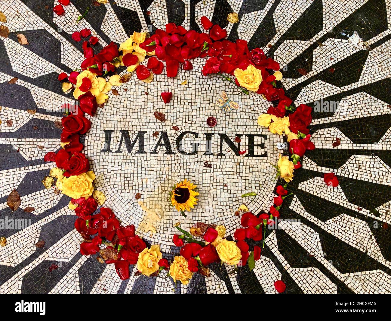 NYC, Strawberry Fields è una sezione paesaggistica di 2.5 acri nel Central Park di New York, progettata dall'architetto paesaggista Bruce Kelly Foto Stock