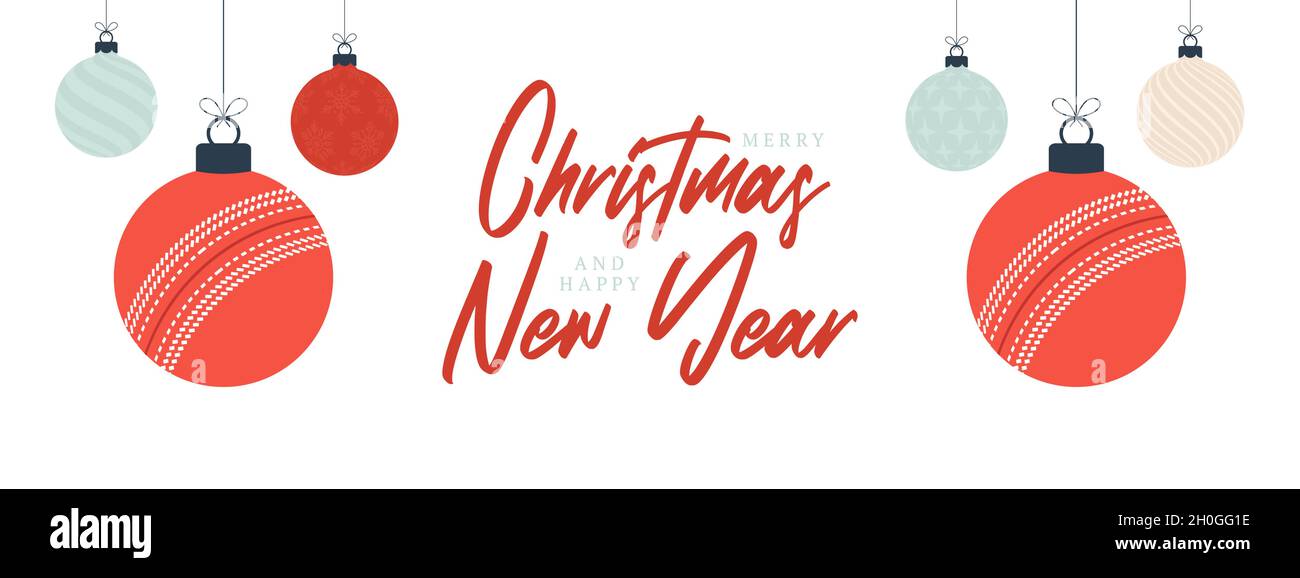Biglietto di auguri di natale Cricket. Buon Natale e felice anno nuovo cartoon flat banner sport. Palla di cricket come una palla di Natale sullo sfondo. Vettore illu Illustrazione Vettoriale