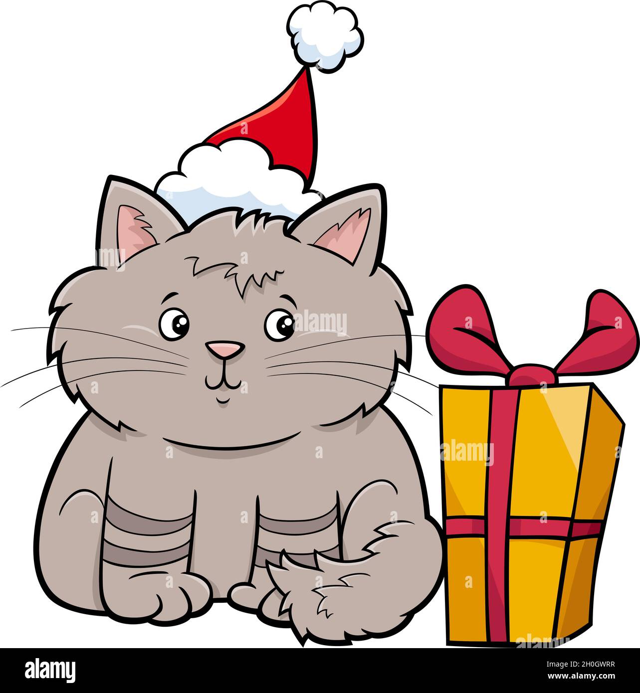 Illustrazione cartoon di gatto o gattino personaggio animale con regalo nel tempo di Natale Illustrazione Vettoriale