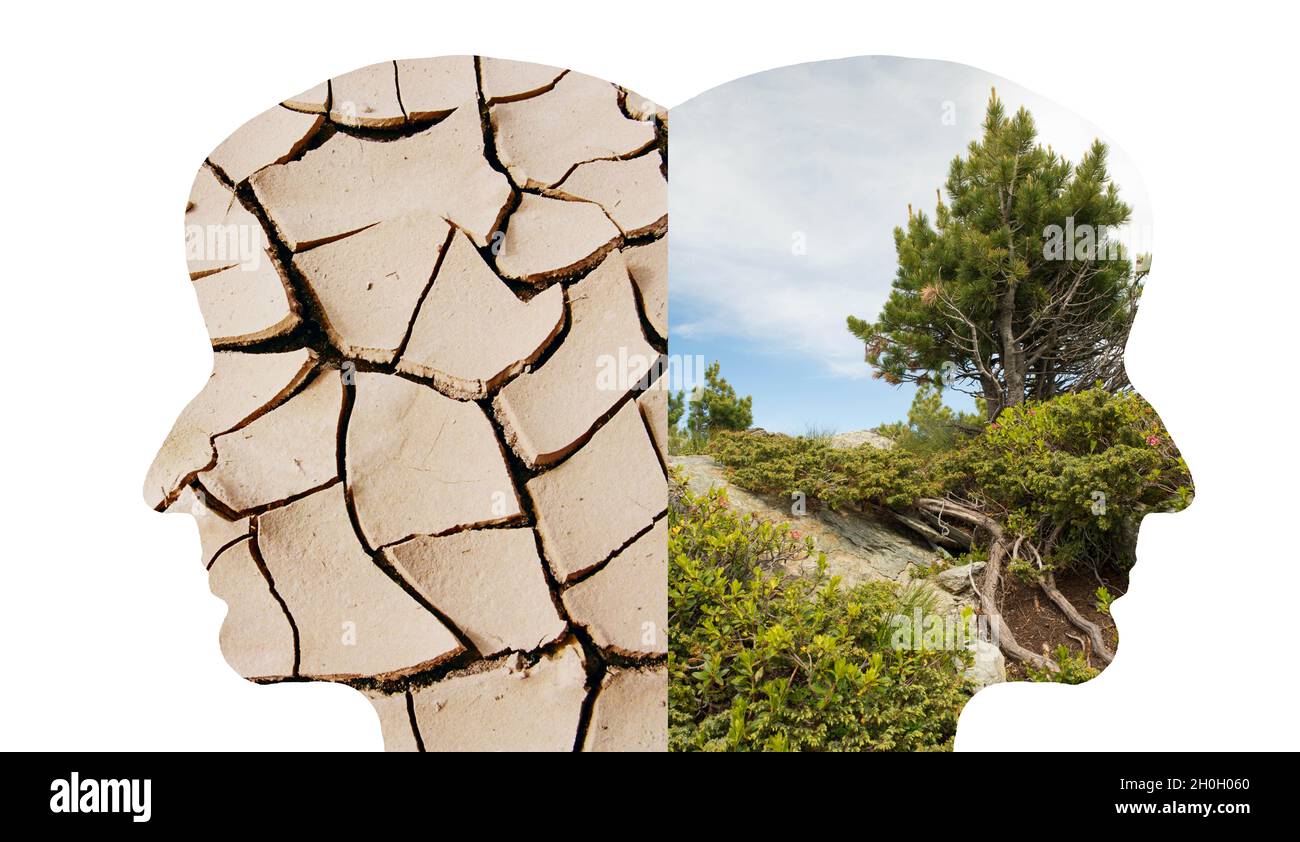 Silhouette di due facce guardare in direzione opposta, con verde la natura l'altro con un letto di lago asciutto, cambiamento climatico, visione futura Foto Stock