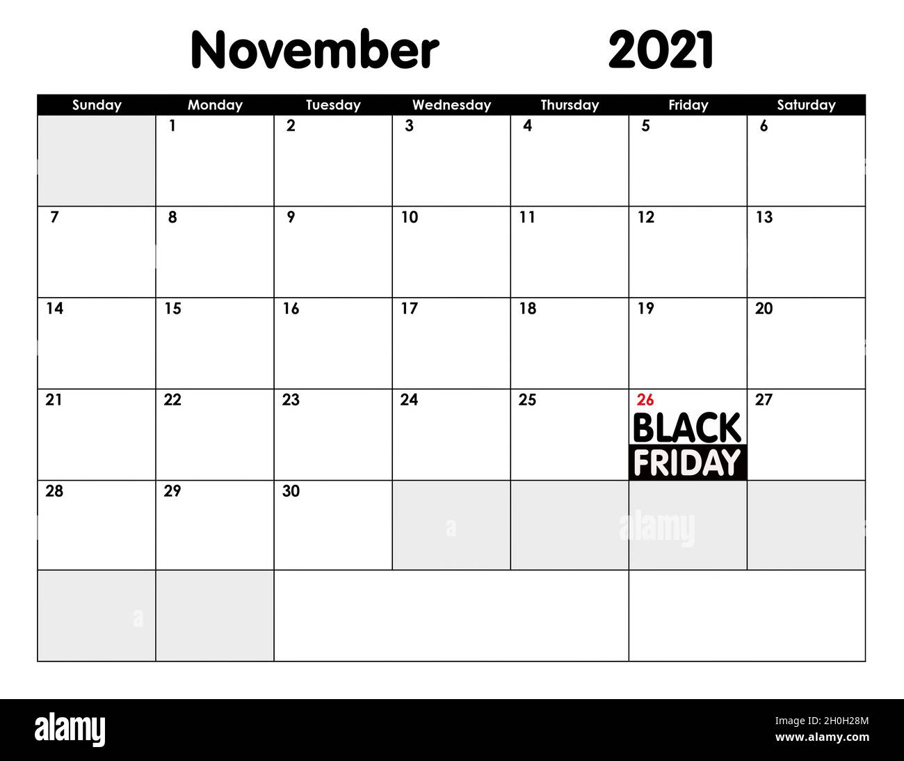 novembre 2021 calendario - 8 Calendario da parete con logo Black Friday. Giorno di scadenza, 26 novembre 21. Black Friday concetto Foto stock - Alamy