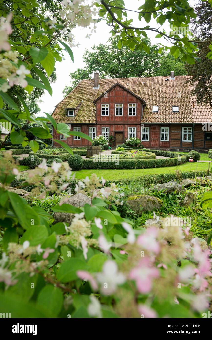 Muellernhof, Heide Village Mueden an der Oertze, Southern Heath, Lueneburg Heath Nature Park, bassa Sassonia, Germania Foto Stock