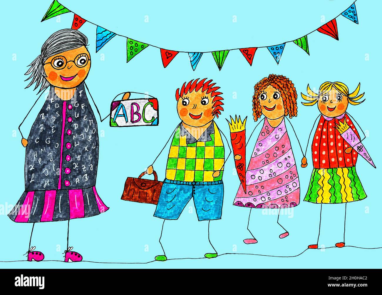 Illustrazione ingenua, bastone figura per l'inizio della scuola Foto Stock