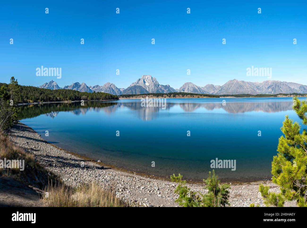 Montagne riflesse nel lago, Jackson Lake, cima del Monte Moran con la catena montuosa Teton Range, Grand Teton National Park, Wyoming, USA Foto Stock