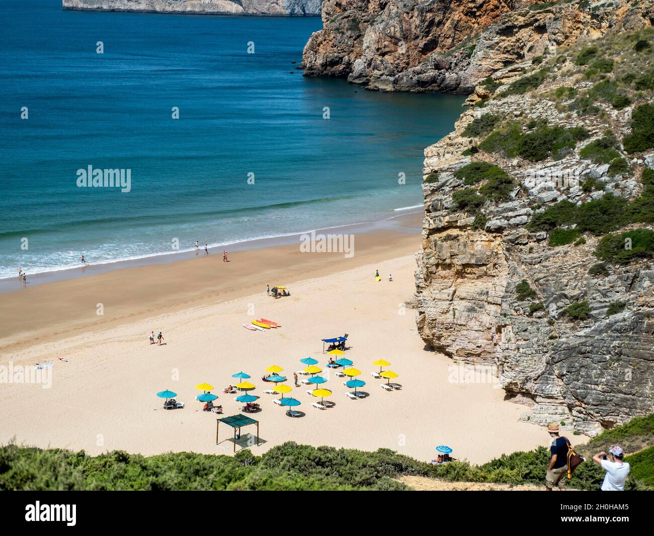 Spiaggia di sabbia con ombrelloni e scogliere, Praia do Beliche spiaggia, Sagres, Algarve, Portogallo Foto Stock