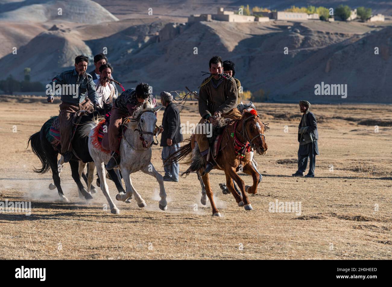 Uomini che praticano un tradizionale gioco di Buzkashi, Yaklawang, Afghanistan Foto Stock