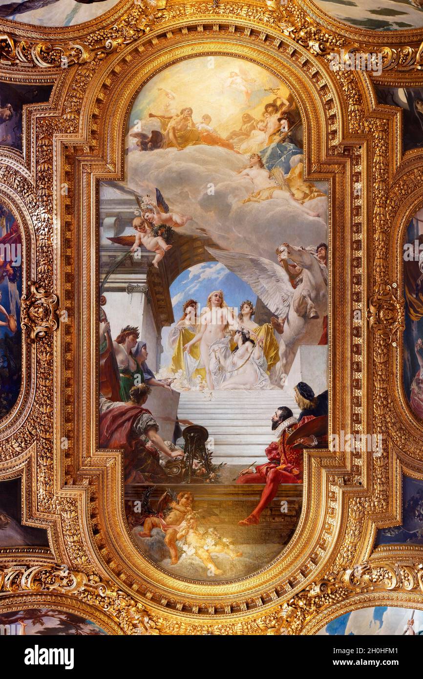 Splendido soffitto nella Sala di Stato con immagine centrale di Afrodite, la dea greca della bellezza dalla mitologia antica, Castello Ratibor, rifugio di caccia Foto Stock