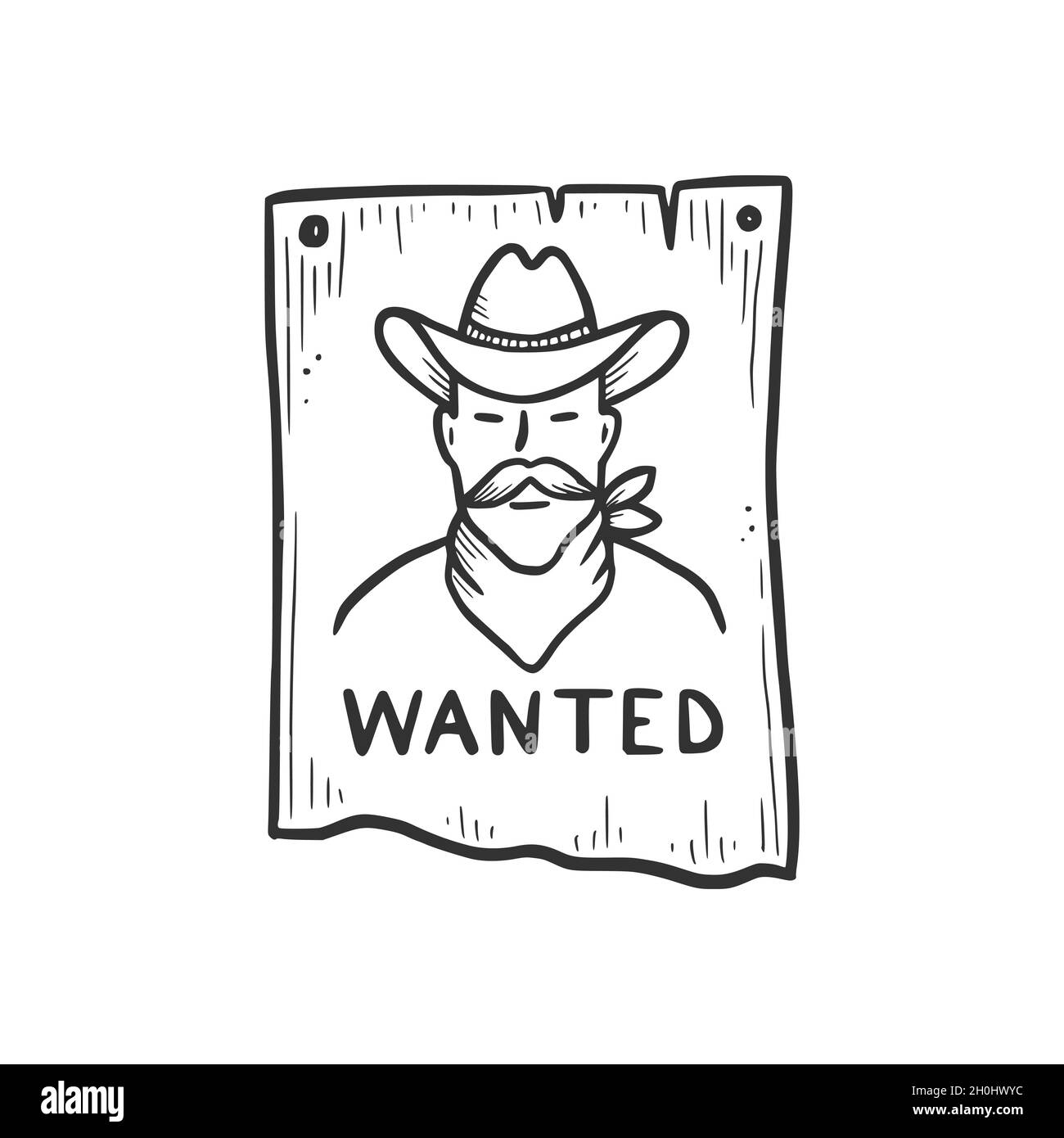 Cowboy bandit disegnato a mano ha voluto elemento. Stile di schizzo fumetto. Cowboy bandit, icona occidentale concetto. Illustrazione vettoriale isolata. Illustrazione Vettoriale