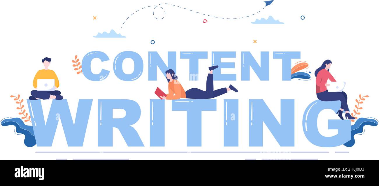 Content Writer o giornalista background Vector Illustration per copy writing, Research, Development idea e romanzo o libro script in stile piatto Illustrazione Vettoriale
