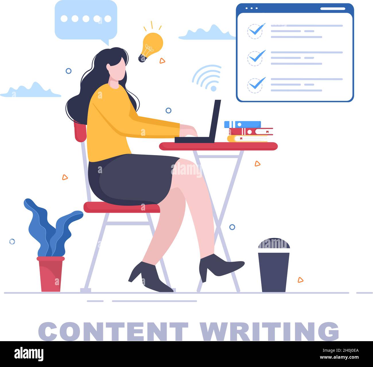 Content Writer o giornalista background Vector Illustration per copy writing, Research, Development idea e romanzo o libro script in stile piatto Illustrazione Vettoriale