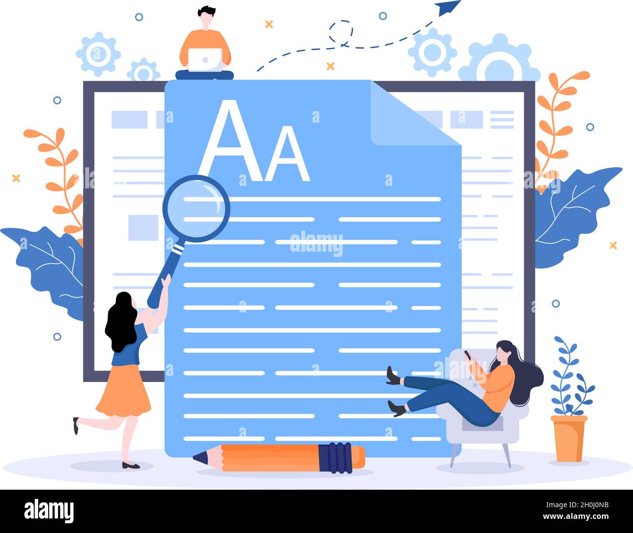 Content Writer o giornalista background Vector Illustration per copy writing, Research, Development idea e romanzo o libro script in stile piatto Illustrazione Vettoriale