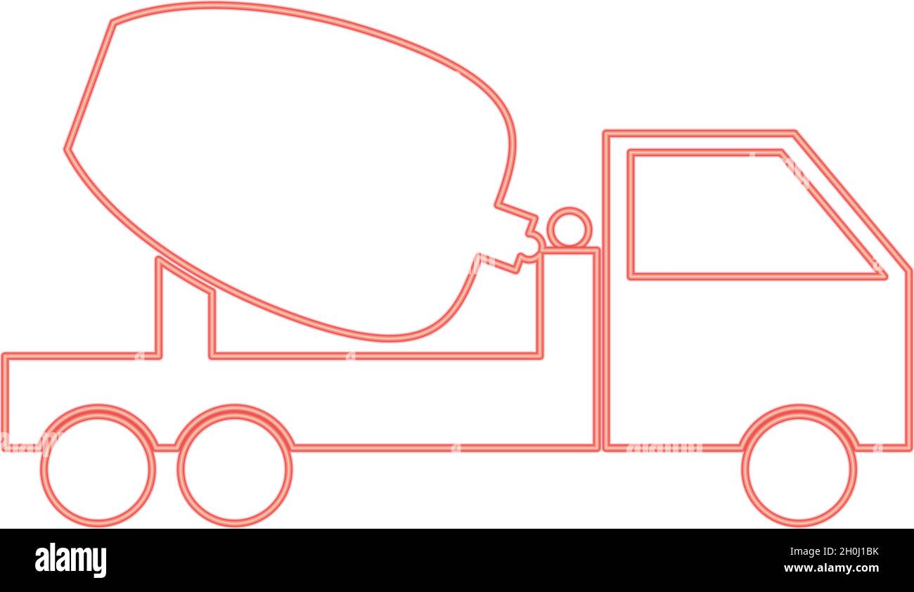Miscelatori per cemento al neon camion immagine vettoriale colore rosso stile piatto Illustrazione Vettoriale