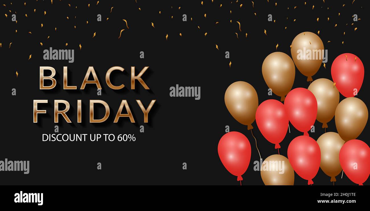 vendita black friday. poster, banner, con testo in oro su sfondo nero Illustrazione Vettoriale