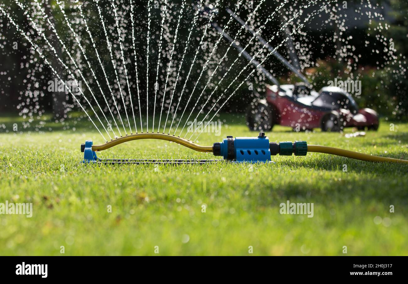 Sistema di irrigazione del prato che spruzzi d'acqua in giardino con il rasaerba sullo sfondo Foto Stock