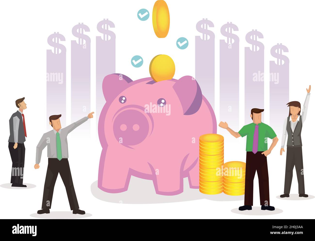Uomini d'affari con le monete che mettono in una banca piggy, il concetto di risparmio di denaro e di risparmio di denaro per il futuro dell'azienda. Illustrazione di Vetor. Illustrazione Vettoriale