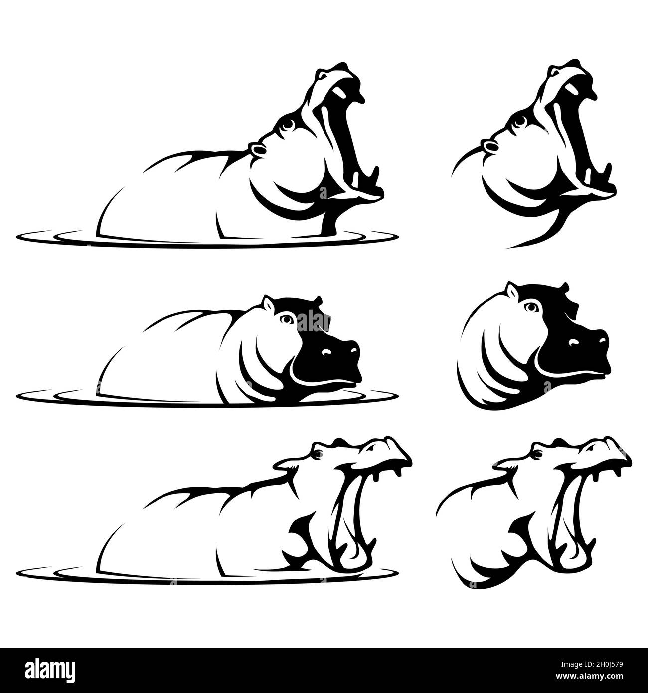 ippopotamo, logo ippopotamo, animali pericolosi, emblema vario per il vostro logo, set di ippopotamo in acqua con bocca aperta, testa ippopotamo, desig piatto Illustrazione Vettoriale