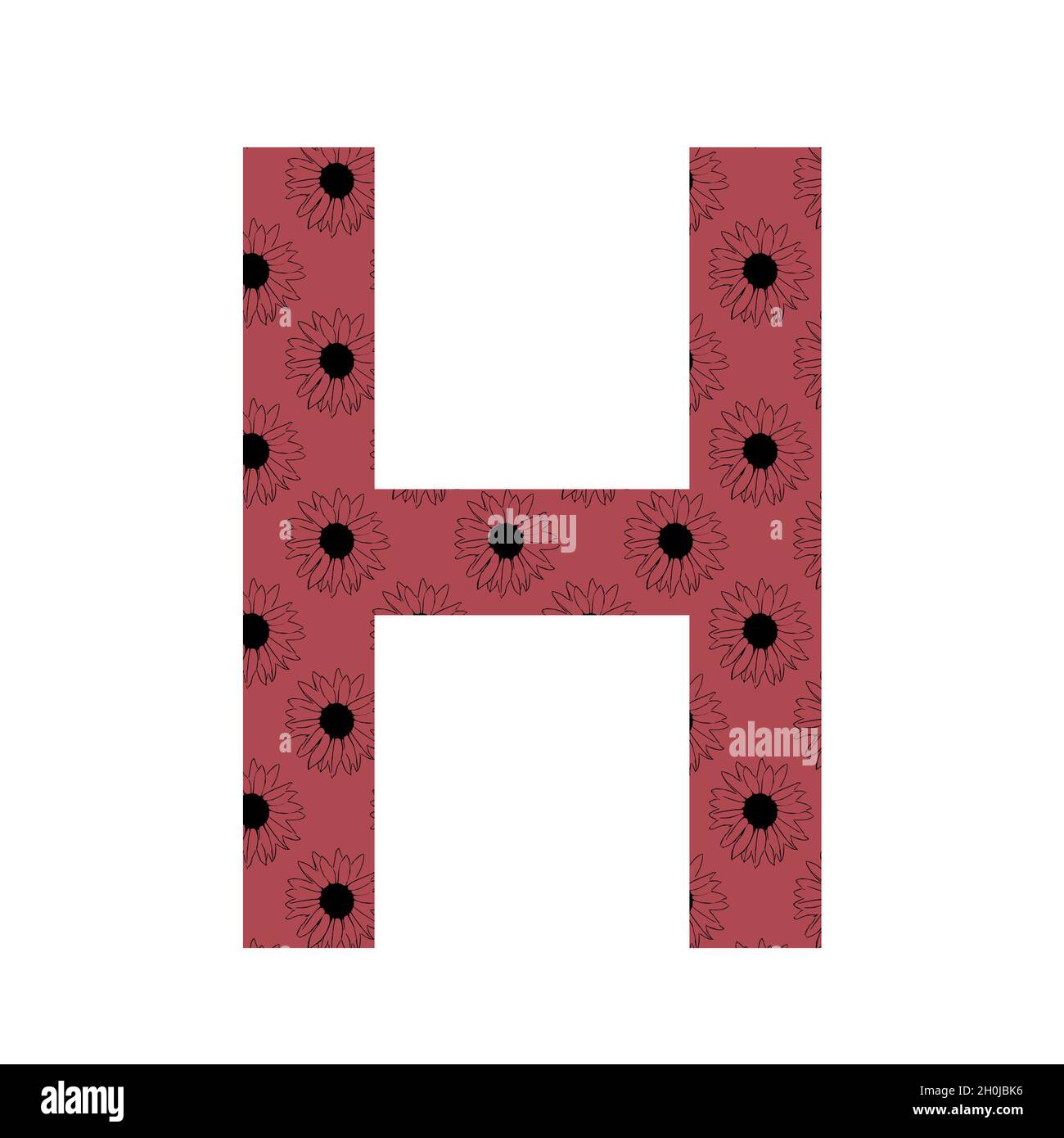 Lettera H dell'alfabeto realizzata con un motivo di girasoli con sfondo rosa scuro, isolato su sfondo bianco Foto Stock