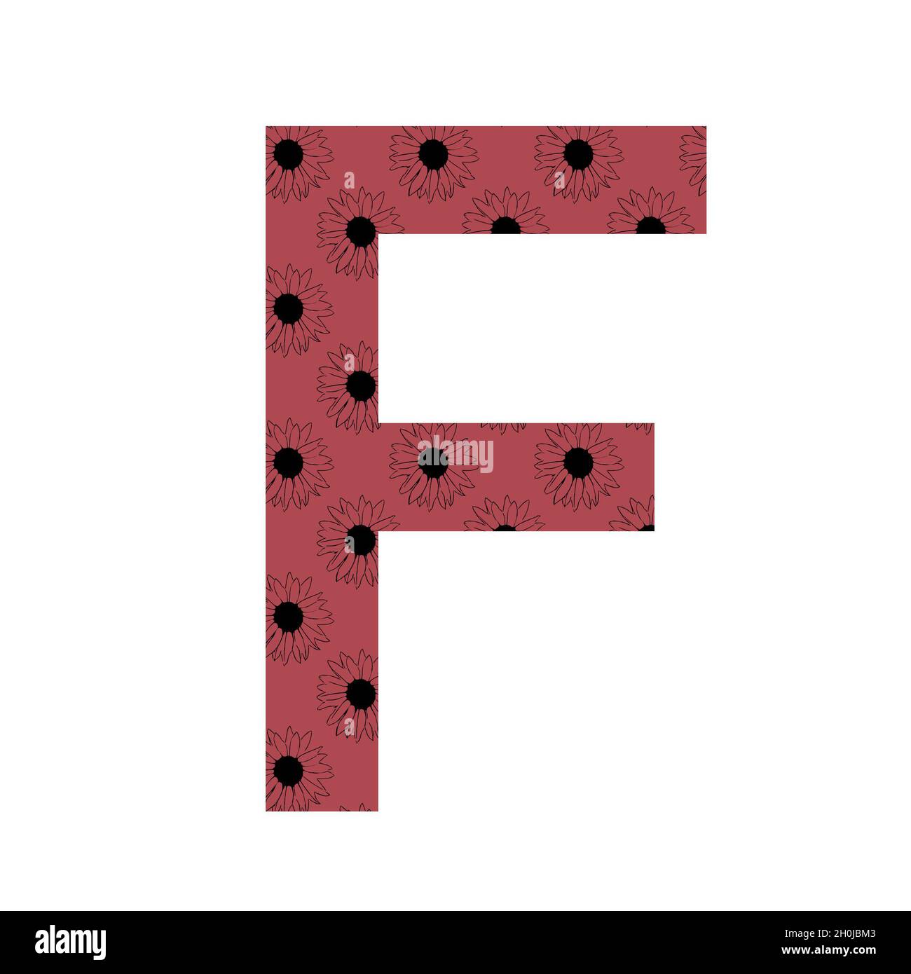 Lettera F dell'alfabeto realizzata con un motivo di girasoli con sfondo rosa scuro, isolato su sfondo bianco Foto Stock