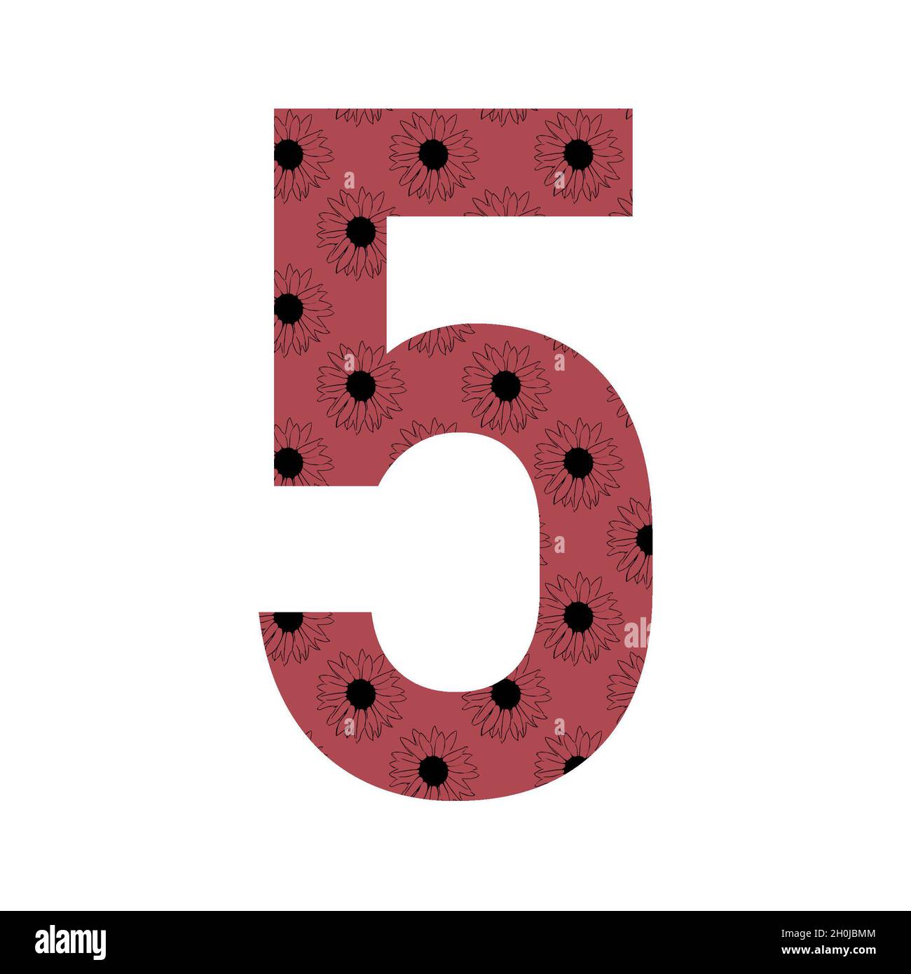 numero 5 dell'alfabeto realizzato con un motivo di girasoli con sfondo rosa scuro, isolato su sfondo bianco Foto Stock