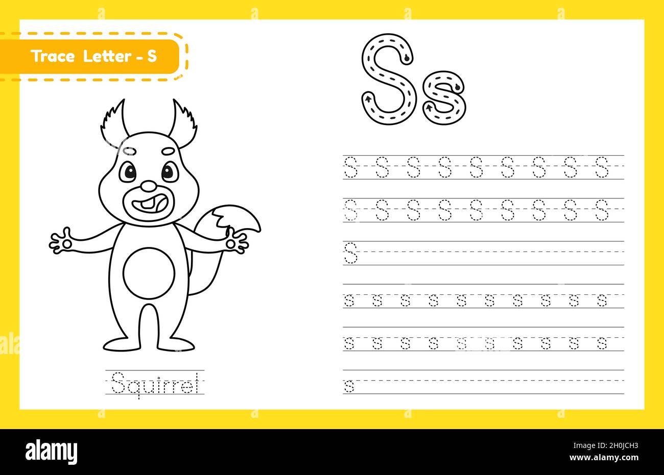 Tracciare la lettera S maiuscola e minuscola. Foglio di lavoro di pratica  di calcolo dell'alfabeto per i bambini che imparano l'inglese con animale  carino dei cartoni animati. Boo da colorare Immagine e