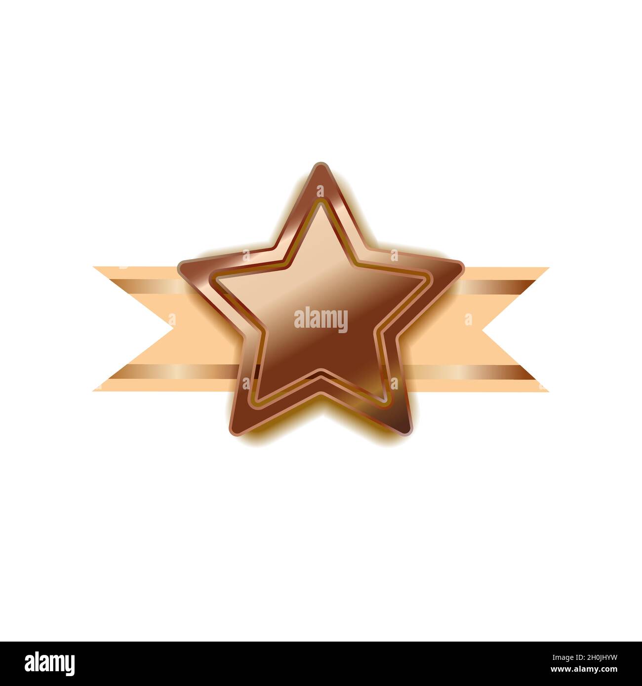 Premio in bronzo brillante a forma di stella con nastro beige, distintivo lucido vincitore su bianco Illustrazione Vettoriale