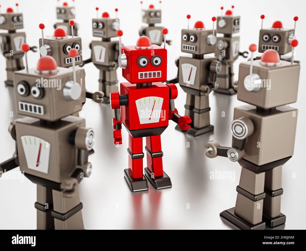 Red vintage robot si distingue tra i robot grigio standard. Illustrazione 3D. Foto Stock
