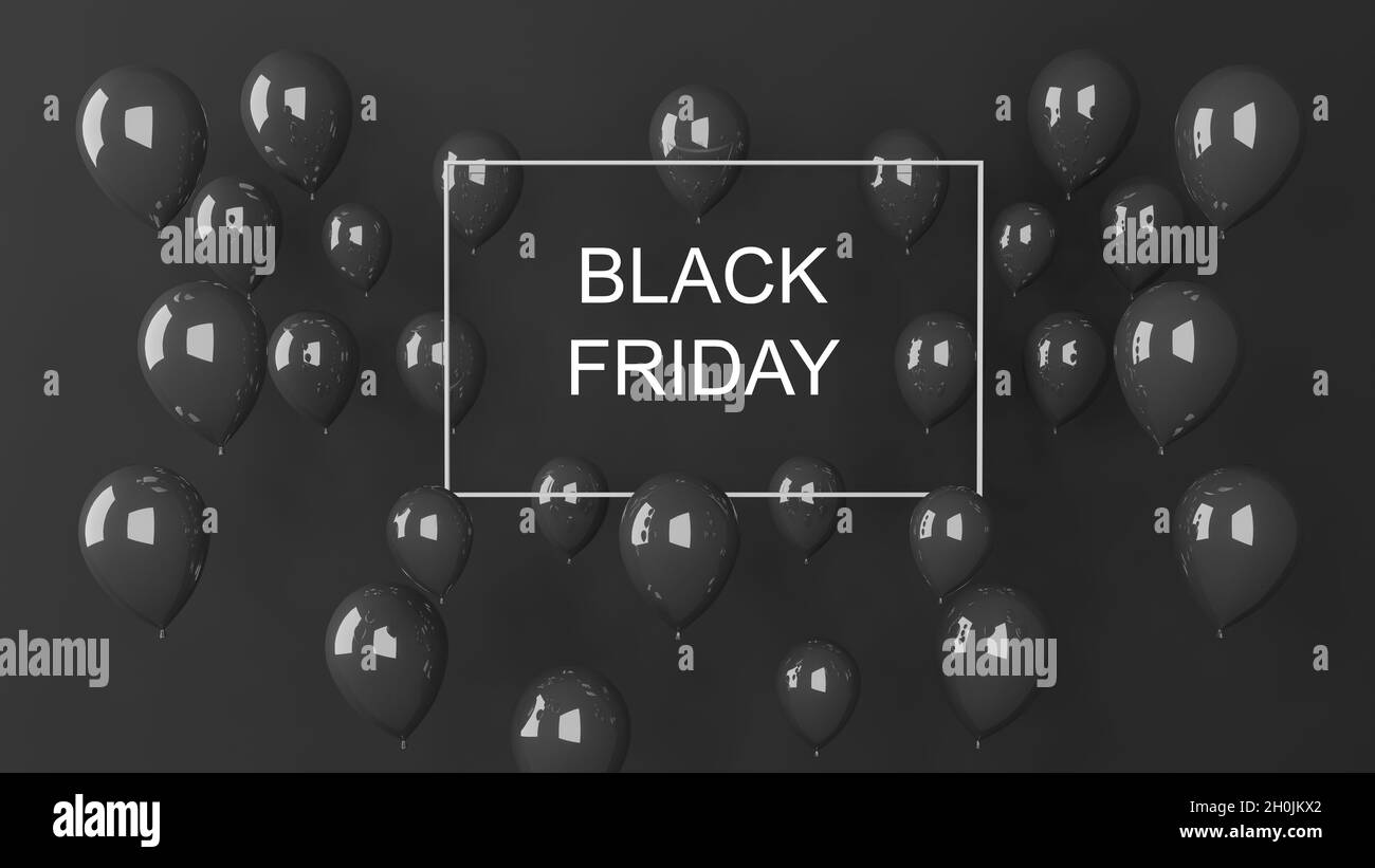 Banner vendita Black Friday con mazzo di palloncini lucidi su sfondo scuro. Illustrazione vettoriale. Foto Stock