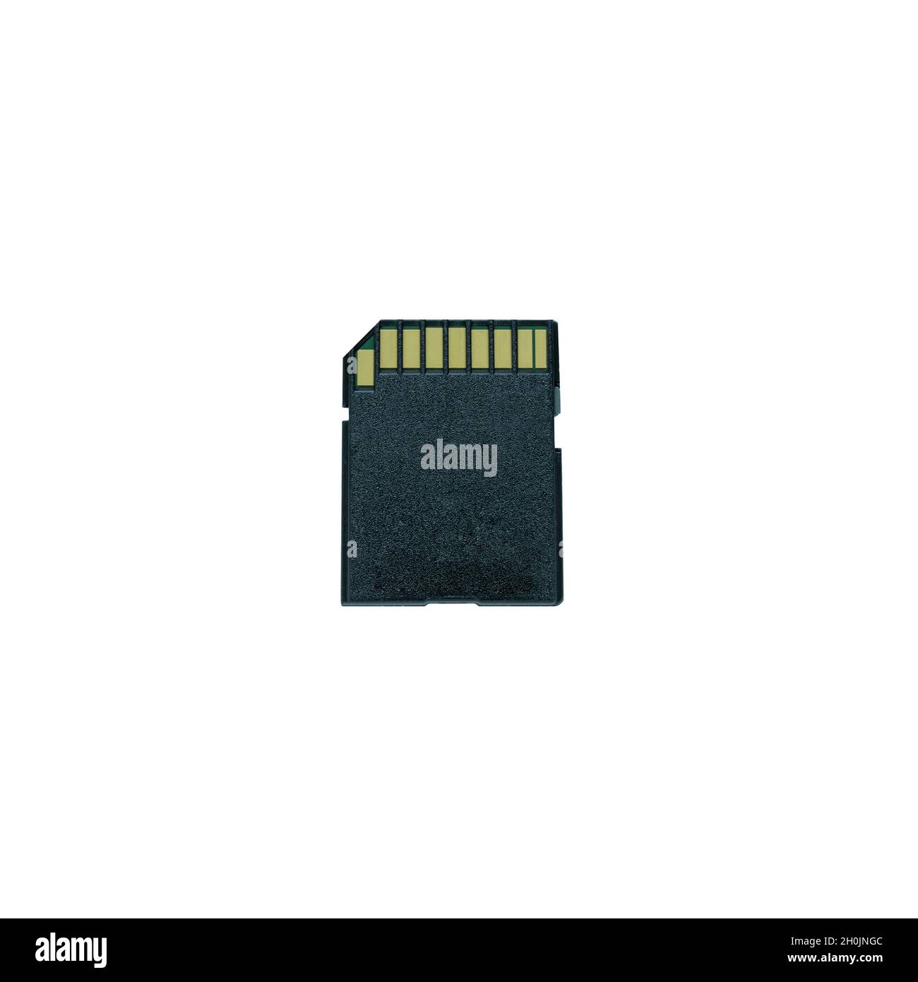 Unità flash SD nera con contatti isolati su sfondo bianco. Primo piano Foto Stock