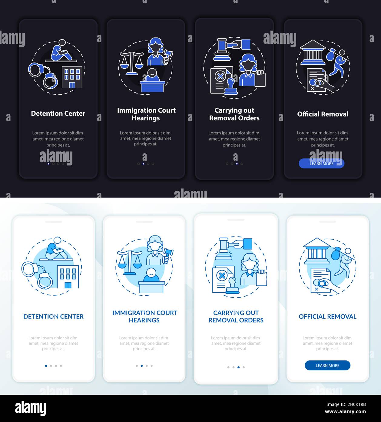 Fasi di deportazione sullo schermo della pagina dell'app mobile Illustrazione Vettoriale