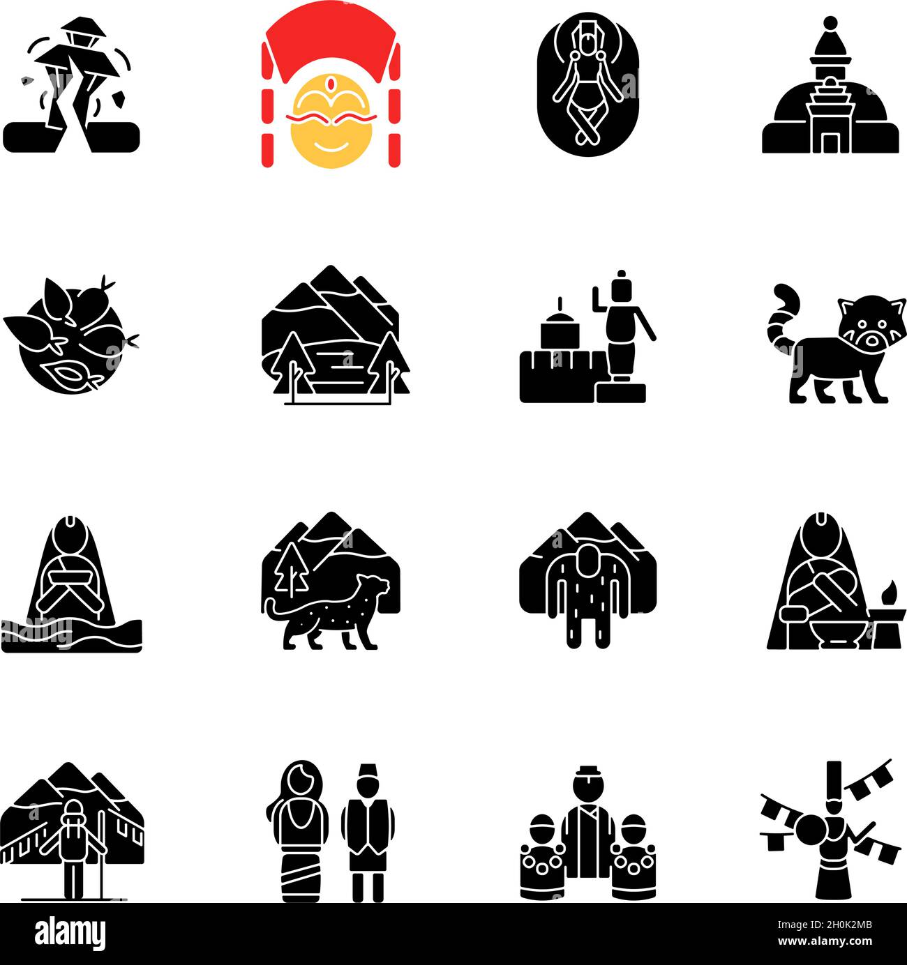 Nepal patrimonio culturale icone glyph nero impostato sullo spazio bianco Illustrazione Vettoriale