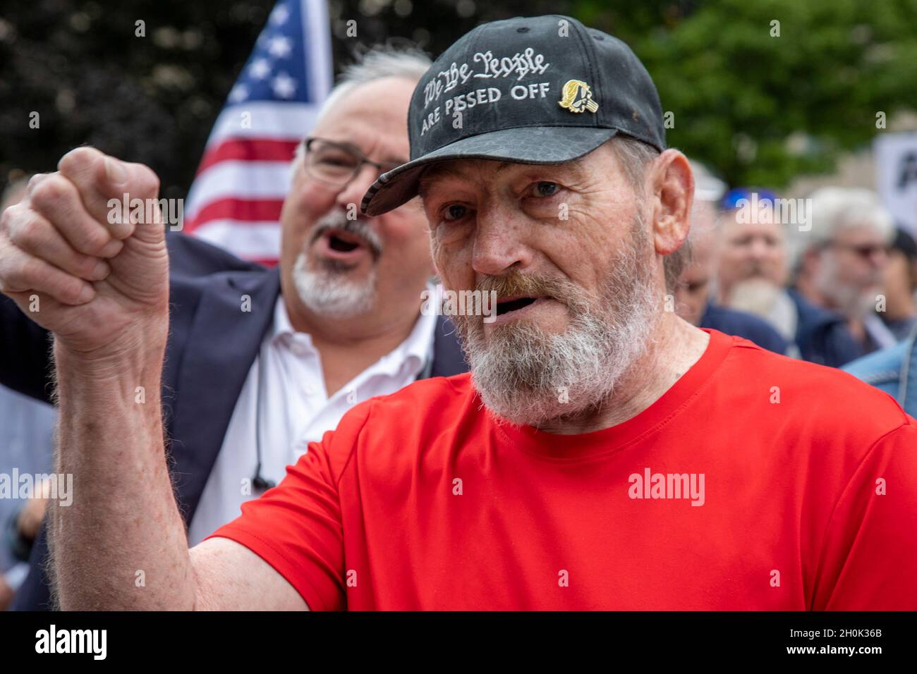 Lansing, Michigan USA - 12 ottobre 2021 - Un raduno al Michigan state Capitol richiede un 'audit forense' dei risultati delle elezioni presidenziali del 2020. Foto Stock