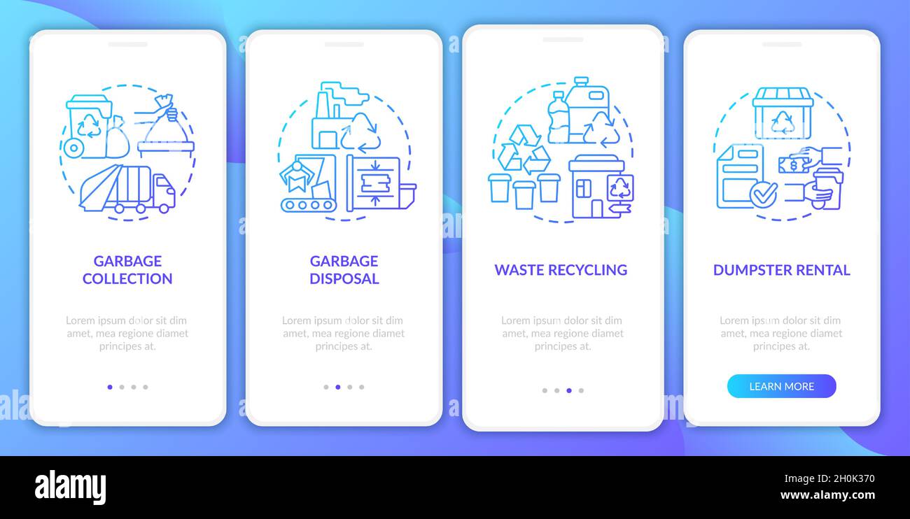 Schermata della pagina dell'app mobile Waste Management Service Blue Gradient Onboarding Illustrazione Vettoriale