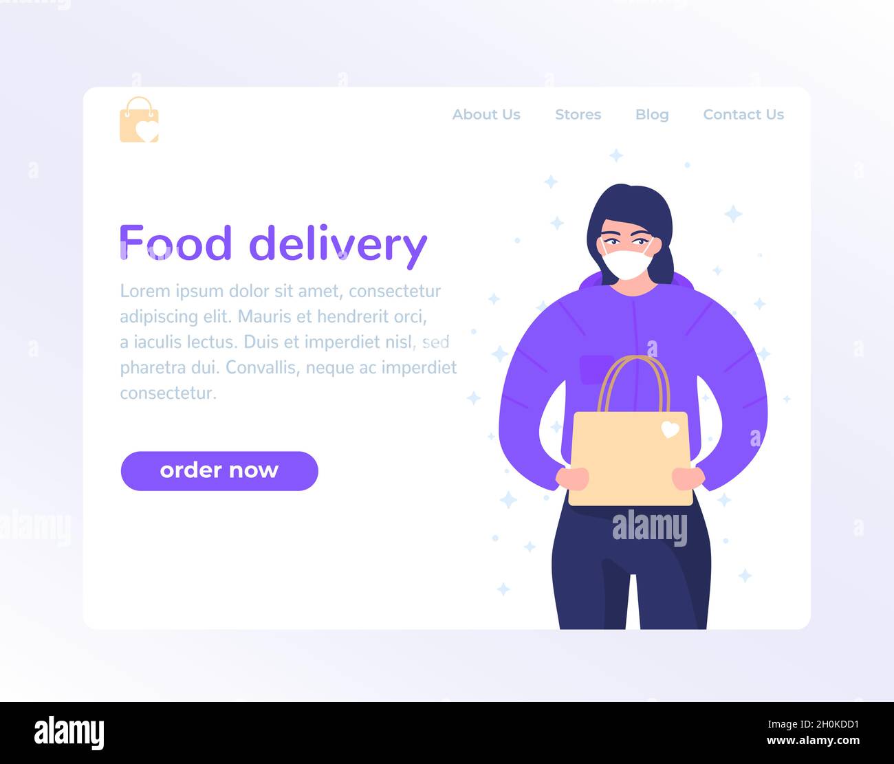 Disegno della pagina di destinazione per la consegna di alimenti con corriere Illustrazione Vettoriale