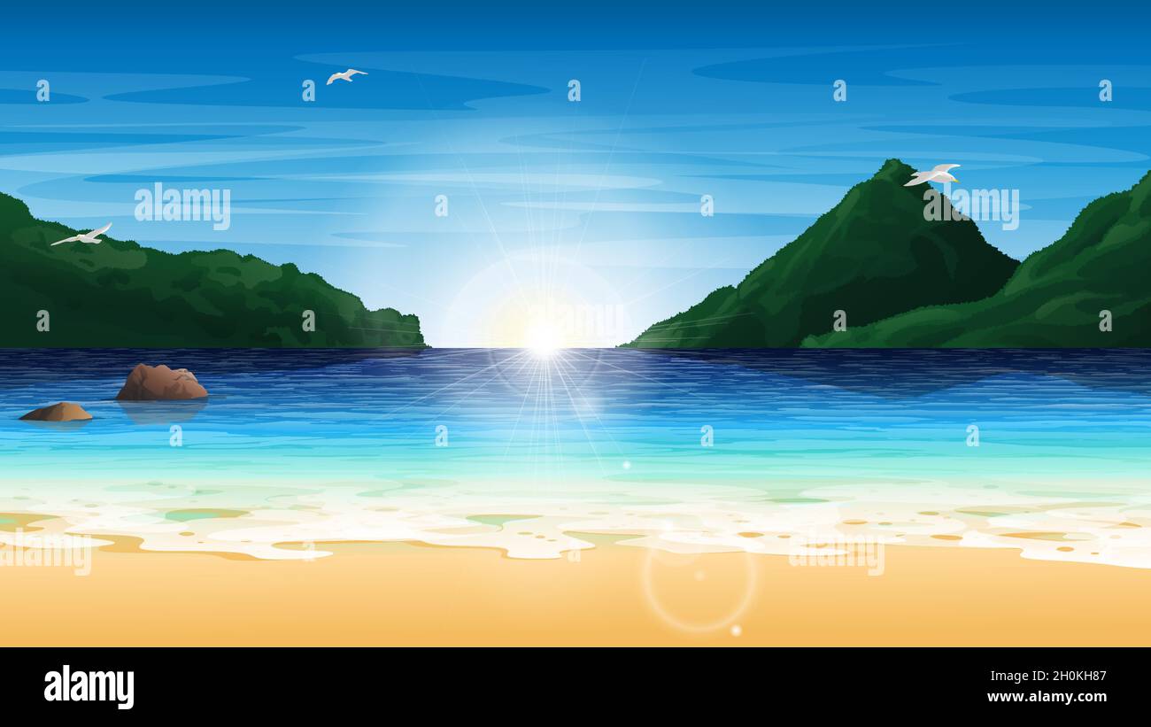 Spiaggia baia sfondo paesaggio con montagne, rocce e gabbiani, all'alba. Illustrazione vettoriale Illustrazione Vettoriale