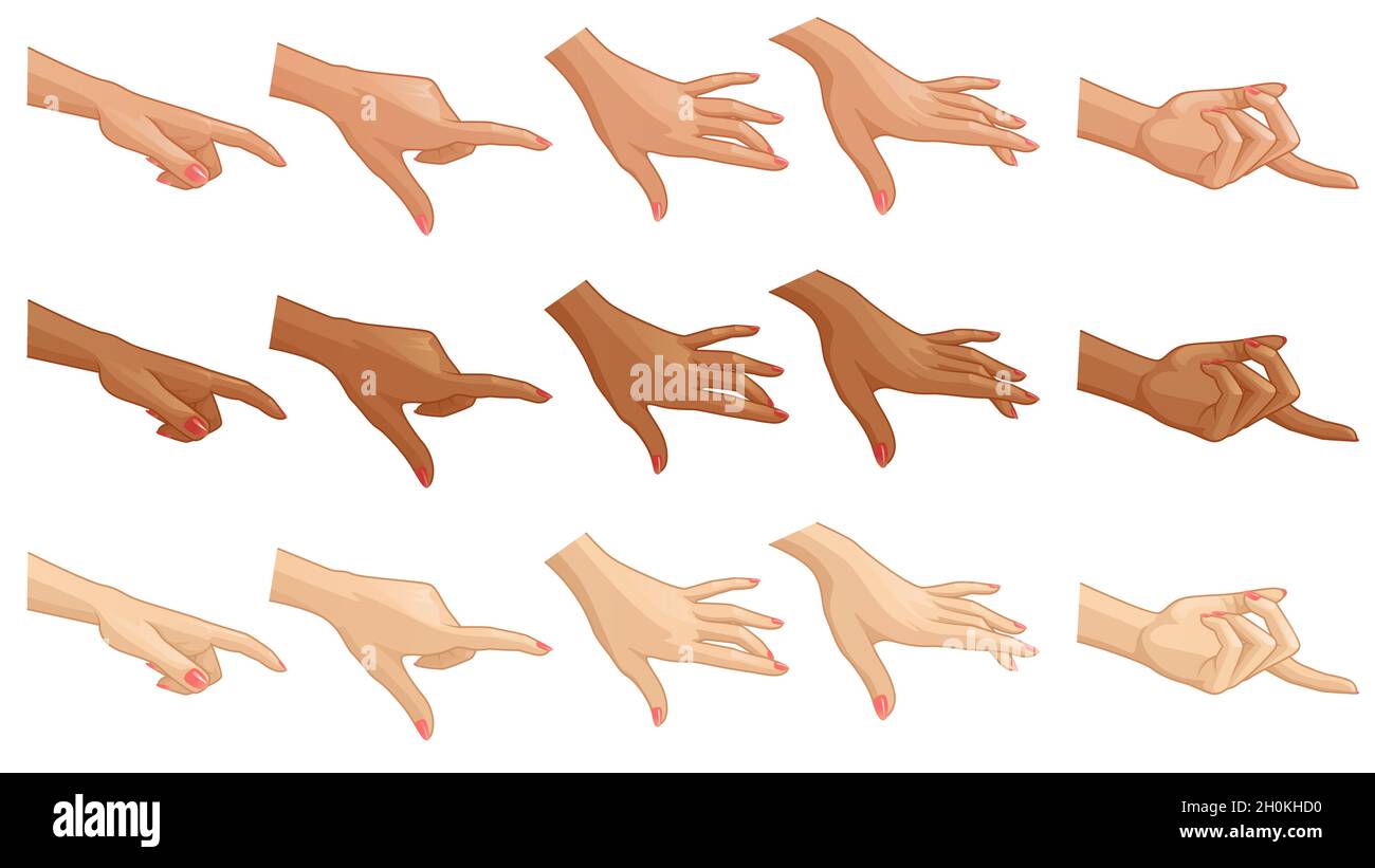Set di gesti cartoni animati per il design in diversi colori della pelle. Illustrazione vettoriale Illustrazione Vettoriale